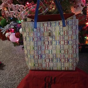 Carolina Herrera Multicolor CH Logo Tote with Blue Handles